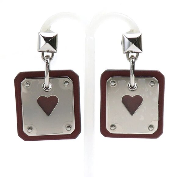 Auth HERMES Pierce Earrings Silver/Brown Metal/Leather - Picture 1 of 9